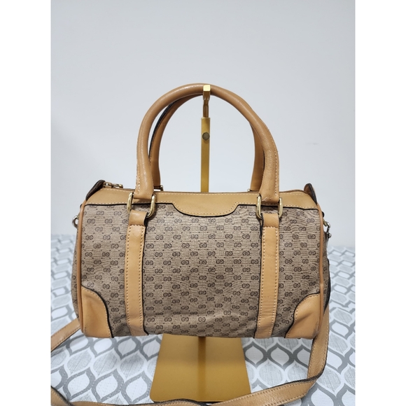 Gucci Handbags - GUCCI Vintage Canvas Leather Boston GG Monogram Satchel Bag Brown/Beige